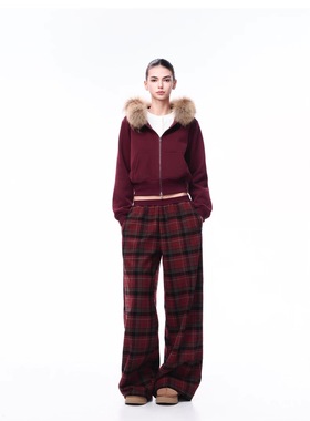 JLAUNT 红色格子阔腿裤女宽松卫裤百搭低腰美式复古直筒休闲裤子