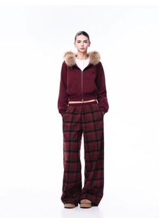 JLAUNT 红色格子阔腿裤女宽松卫裤百搭低腰美式复古直筒休闲裤子