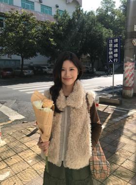 现货PSO双面穿千鸟格纹翻领毛绒马甲背心保暖毛呢女短款马夹外套