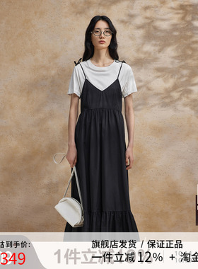 播黑色吊带连衣裙女商场同款2024夏新款v领沙滩长裙BDR2LD1202