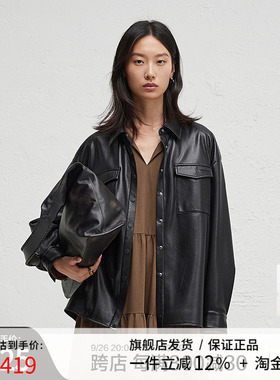 播黑色复古皮质衬衫女2024冬季新款宽松酷飒机车服外套DDR4CD5084