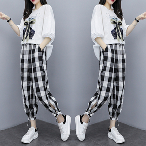 RM19346#夏季新款大码女装短袖两件套胖MM遮肚显瘦套装