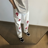 男女情侣宽松百搭直筒长裤 高街十字架贴皮牛仔裤 子 美式 克罗CH新款