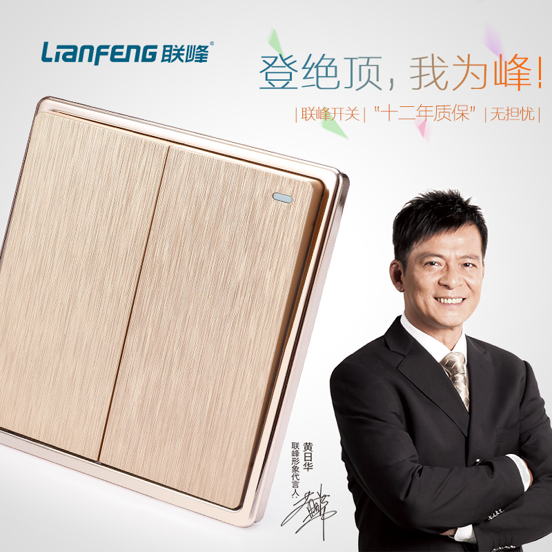联峰开关插座 家用两开二开关86型面板金色拉丝双开单控墙壁开关