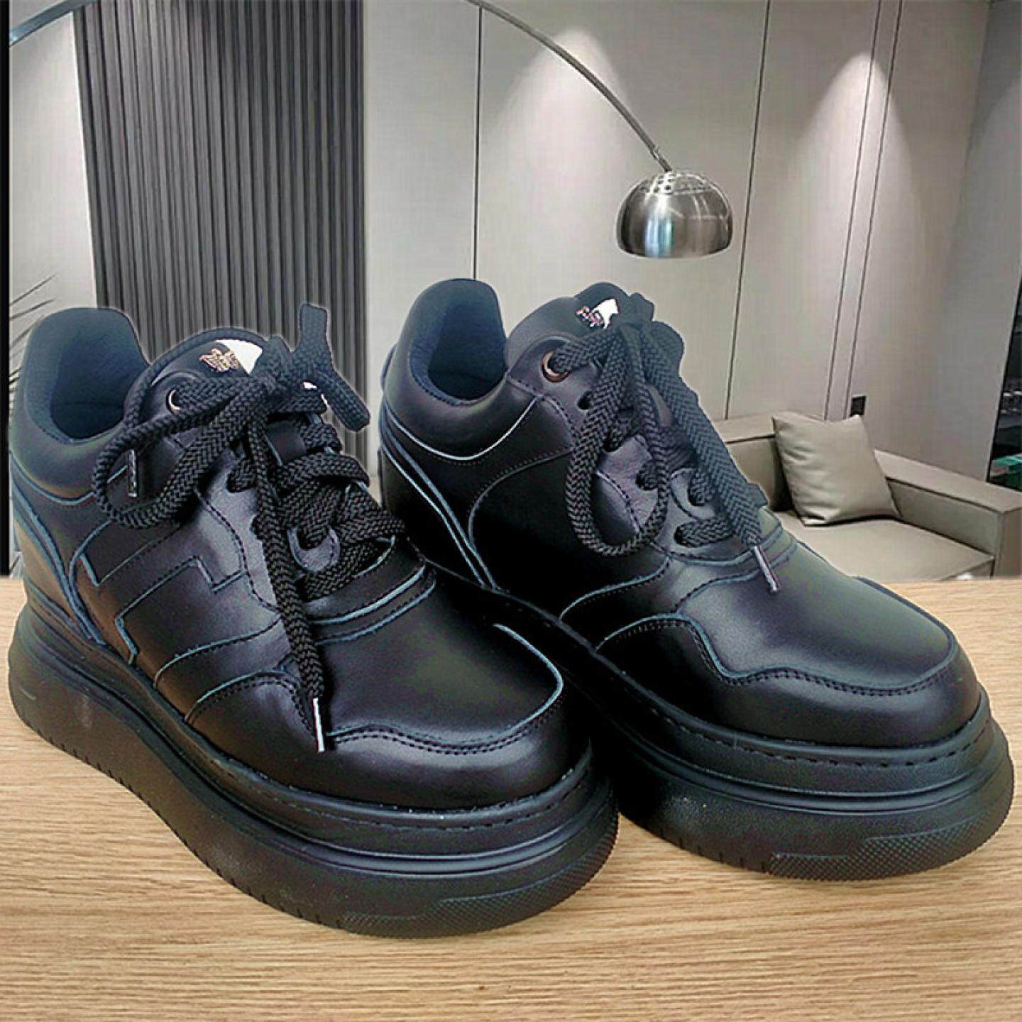 阿SA同款9CM艾隐形内增高小白鞋女鞋牛皮圆头浅口拼色休闲松糕底