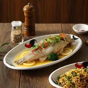大公鸡陶瓷厚边鱼盘家用酒店餐厅旦形红烧清蒸鱼椭圆形盘子蒸鲈鱼