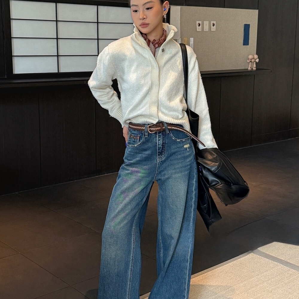 韩系复古阔腿牛仔裤高腰显瘦