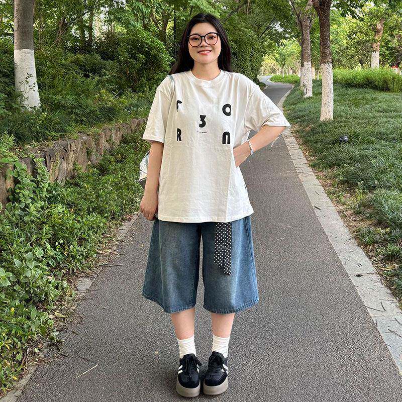 300斤复古阔腿牛仔短裤女夏季新款大尺码胖mm显瘦梨形身材七分裤