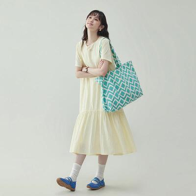 「北岛AMUU原创」浅黄色纯棉宽松T恤洋装女夏季新款短袖中长裙