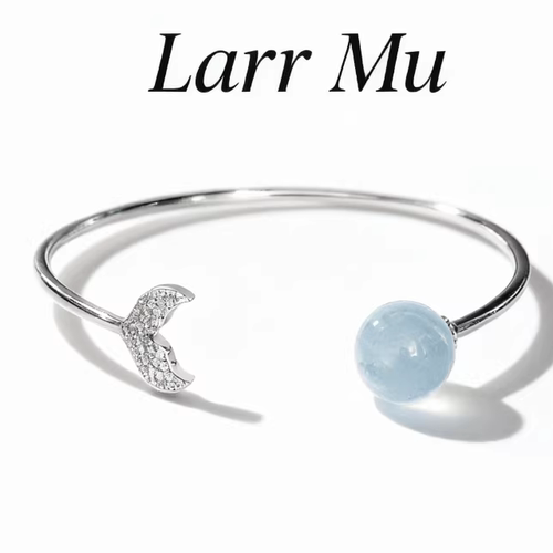 Larr Mu天然海蓝宝设计款送女友鱼尾锆石半钻手镯s925银