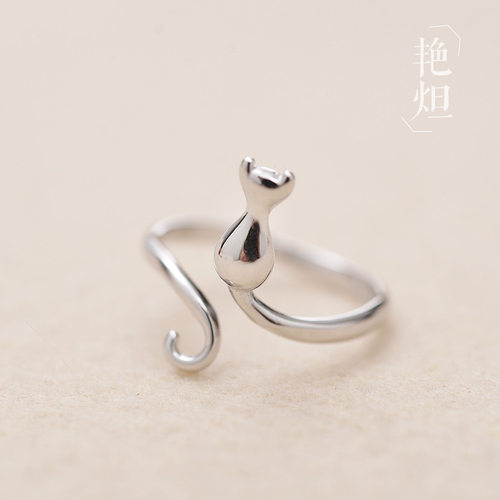 日韩纯银戒指女超萌小猫咪可调节时尚个性喵星人食指指环饰品尾戒