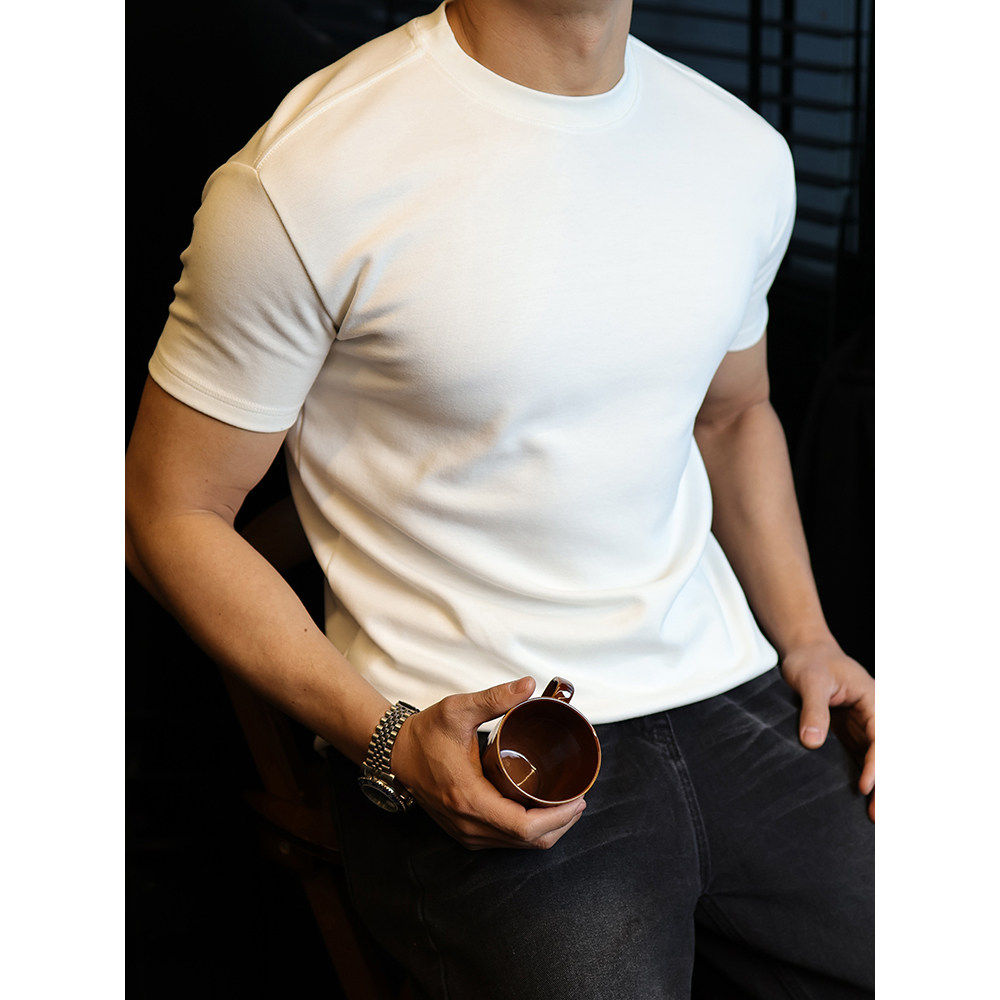 潮牌显壮短袖T恤男新款休闲百搭套头重磅正肩打底衫纯色运动上衣