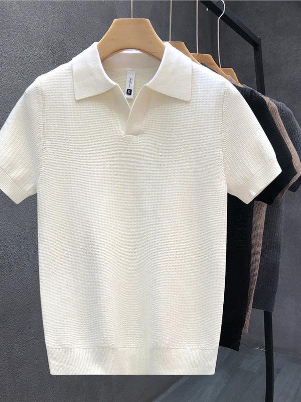 百尊简约翻领商务polo衫短袖针织男款春秋季潮牌重磅纯色男士上衣