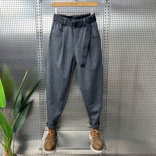 宽松锥形萝卜裤 男毛呢潮流百搭哈伦裤 条纹休闲裤 百尊2025秋冬新款