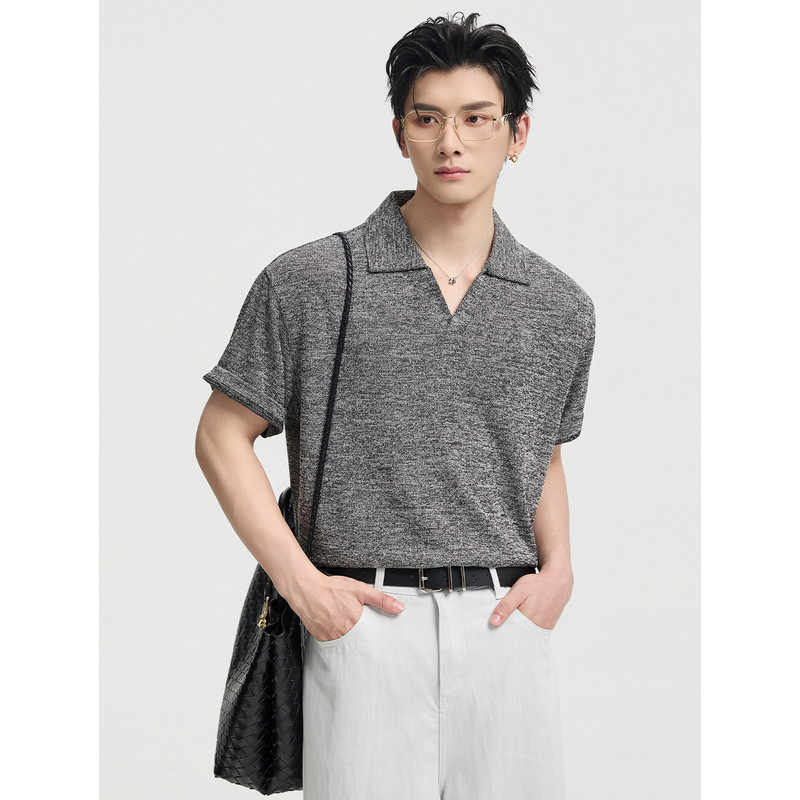 潮牌V领polo衫短袖男士夏季新款设计感时尚宽松通勤翻领T恤上衣