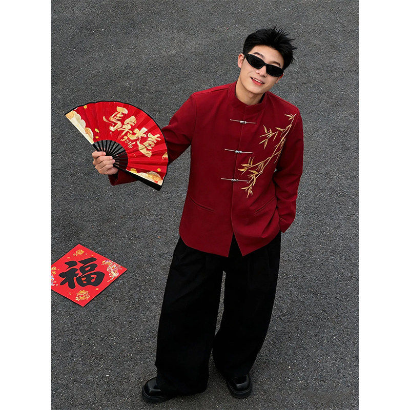 潮牌立领西装夹克男士新款新中式金竹刺绣国风礼服短款中山装上衣