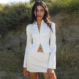 KHY kylie同款府绸棉长袖衬衫女 肯豆卡戴珊双向拉链上衣短外套