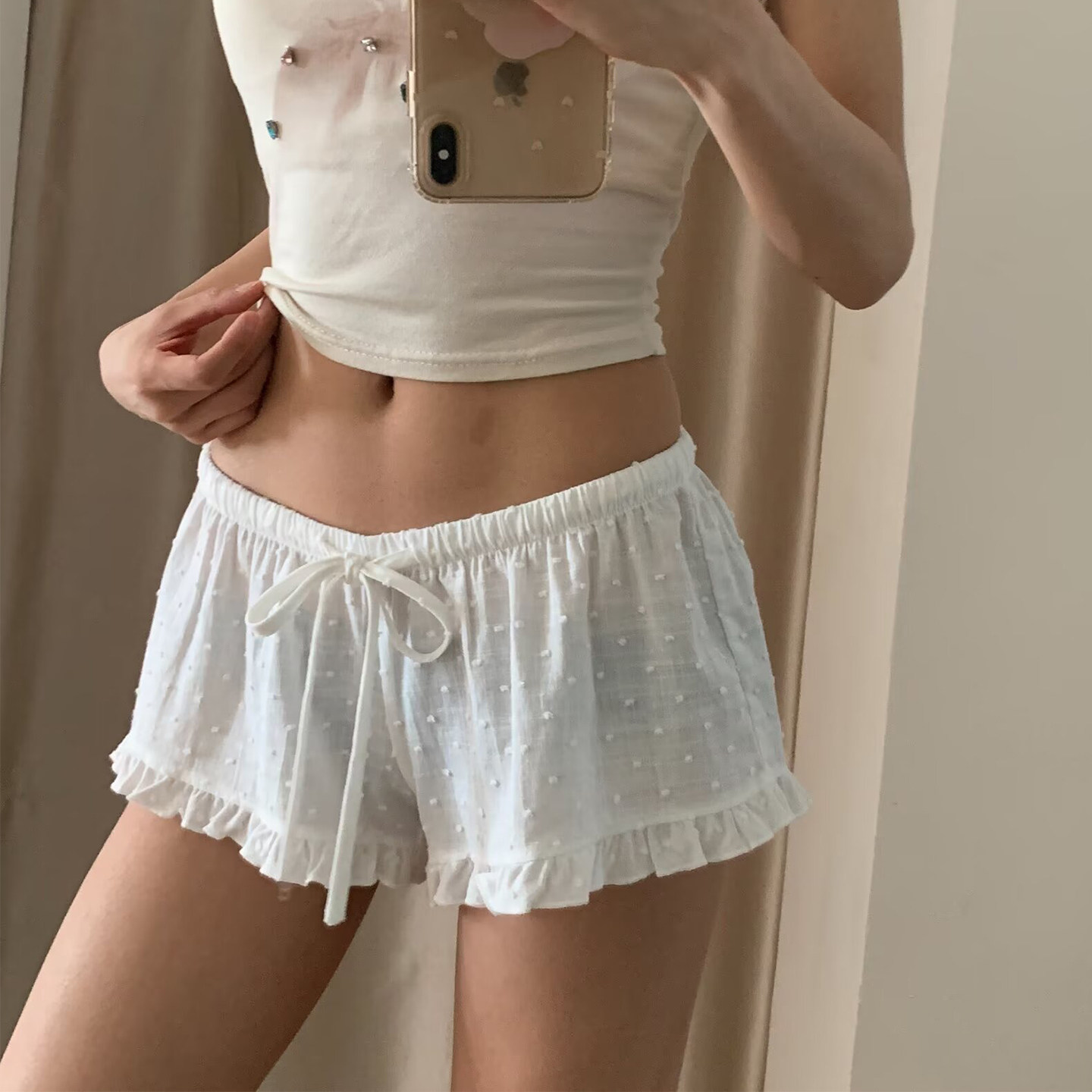 BM重工提花波点松紧腰休闲短裤女图片