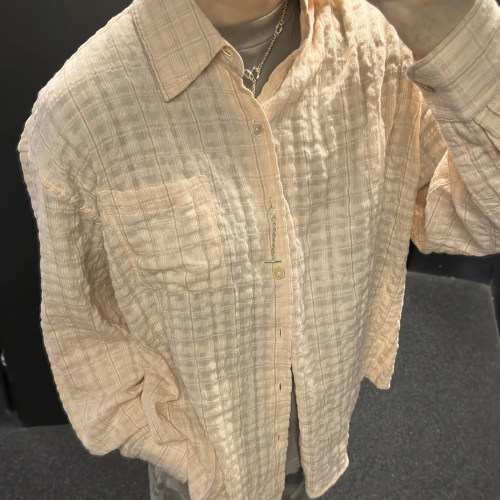 棉美式微透宽松格纹衬衫