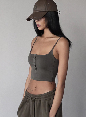 高品质 克重40g 棉欧美新款系扣吊带女露背纯色ins潮夏无袖短背心
