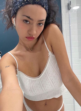 COUCOU白色微透性感辣妹吊带背心女夏季镂空提花蕾丝花边短上衣