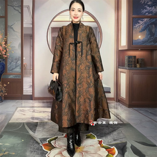 秋冬高端提花长款国风新中式A字裙摆风衣优雅气质大码风衣外套女