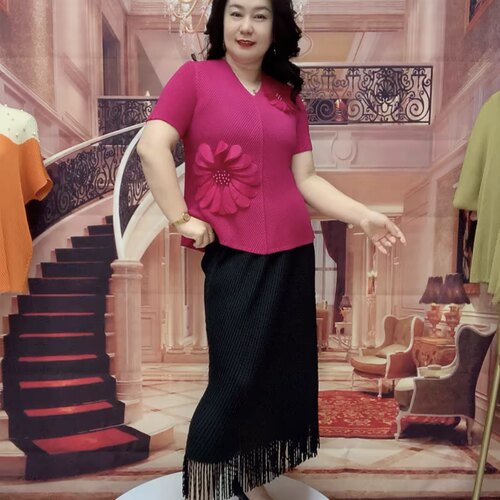 夏季短袖冰麻褶皱立体花小衫宽松遮肉龙鳞纹弹力大码妈妈装上衣女