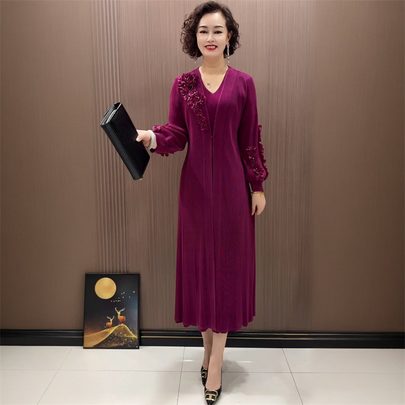 春季立体花褶皱连衣裙中年妈妈装时尚高弹纯色阔太太百褶大码长裙