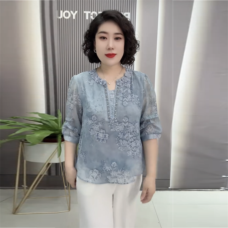 新中式妈妈夏装新款雪纺立体花国风上衣时尚洋气宽松大码T恤小衫