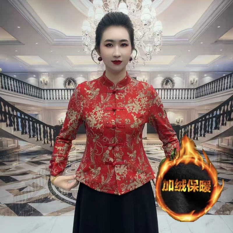 高端妈妈开衫冬季加绒保暖外套时尚提花修身弹力上衣复古旗袍小衫