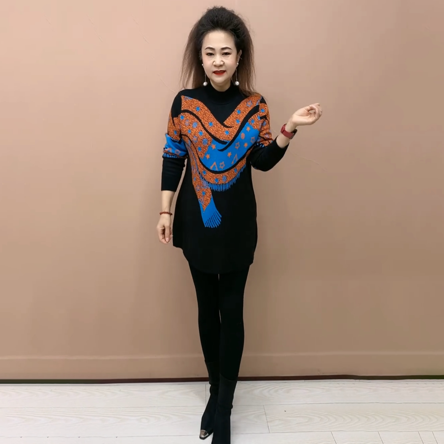 设计感时尚洋气针织大版衫秋冬宽松新款中老年妈妈中长款打底毛衣