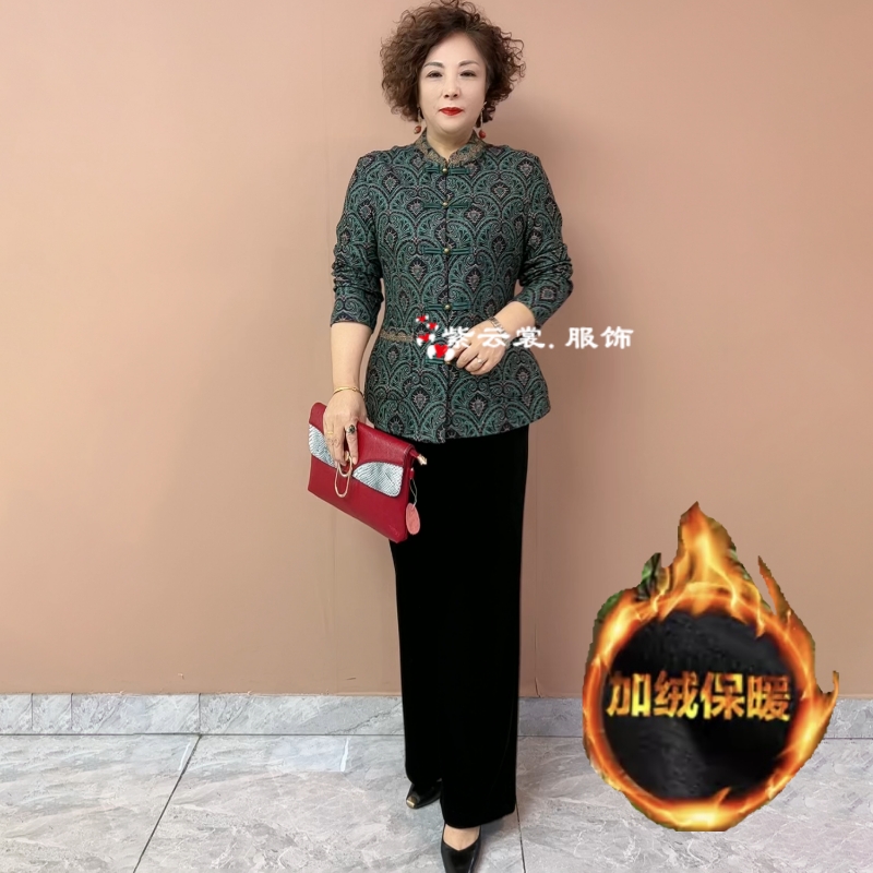 高端妈妈装开衫冬季加绒加厚保暖外套宽松显瘦弹力上衣旗袍衫套装