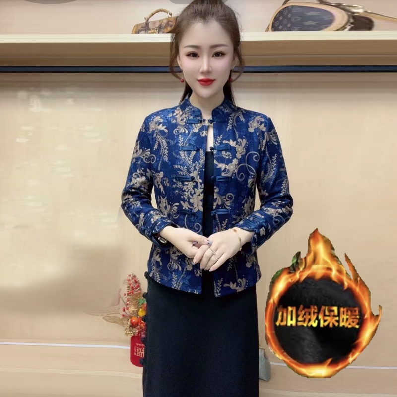 高端妈妈开衫冬季加绒保暖外套时尚修身显瘦弹力上衣复古旗袍小衫