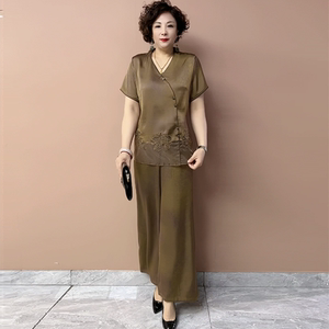 国风夏季中老年妈妈装真丝短袖桑蚕丝刺绣上衣阔腿裤宽松两件套装