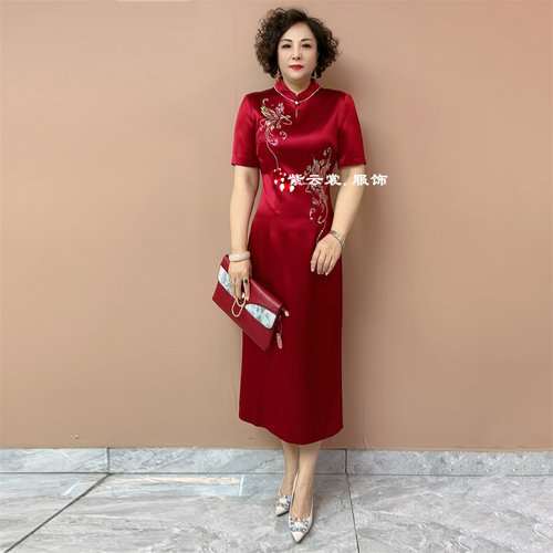 喜婆婆婚宴短袖年轻结婚妈妈装礼服中式立领旗袍醋酸缎大码连衣裙