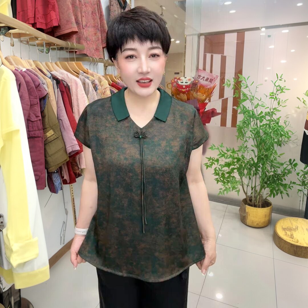 夏季新款短袖时尚衬衫中年妈妈醋酸丝缎旗袍小衫宽松大码t恤上衣