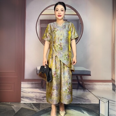 高端洋气夏季V领大码浮光锦宽松不规则上衣中年妈妈阔腿裤两件套
