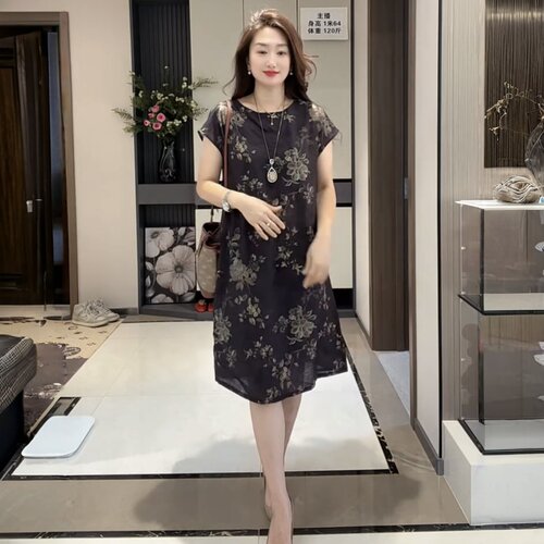 高端夏季中老年妈妈短袖气质印花连衣裙时尚宽松大版遮肉冰棉长裙
