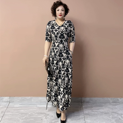 夏季时尚洋气短袖冰麻弹力收腰显瘦妈妈花色长款连衣裙洋气大摆裙