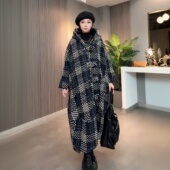 原创欧货秋冬阔太太高端复古格子风衣外套气质宽松长款 200斤大衣