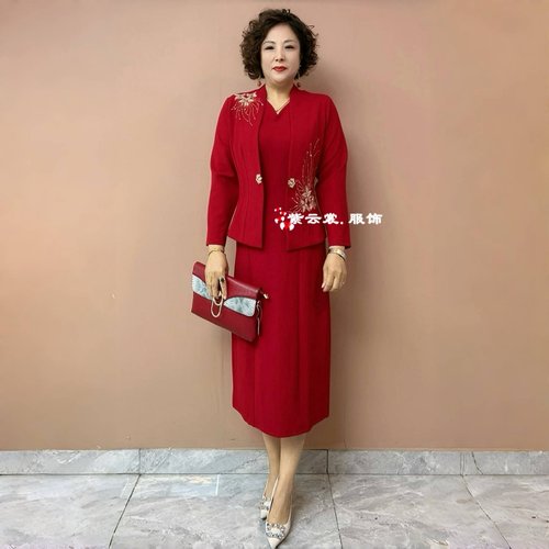 婚宴妈妈装礼服两件套平时可穿酒红色高端气质结婚喜婆婆礼服显瘦