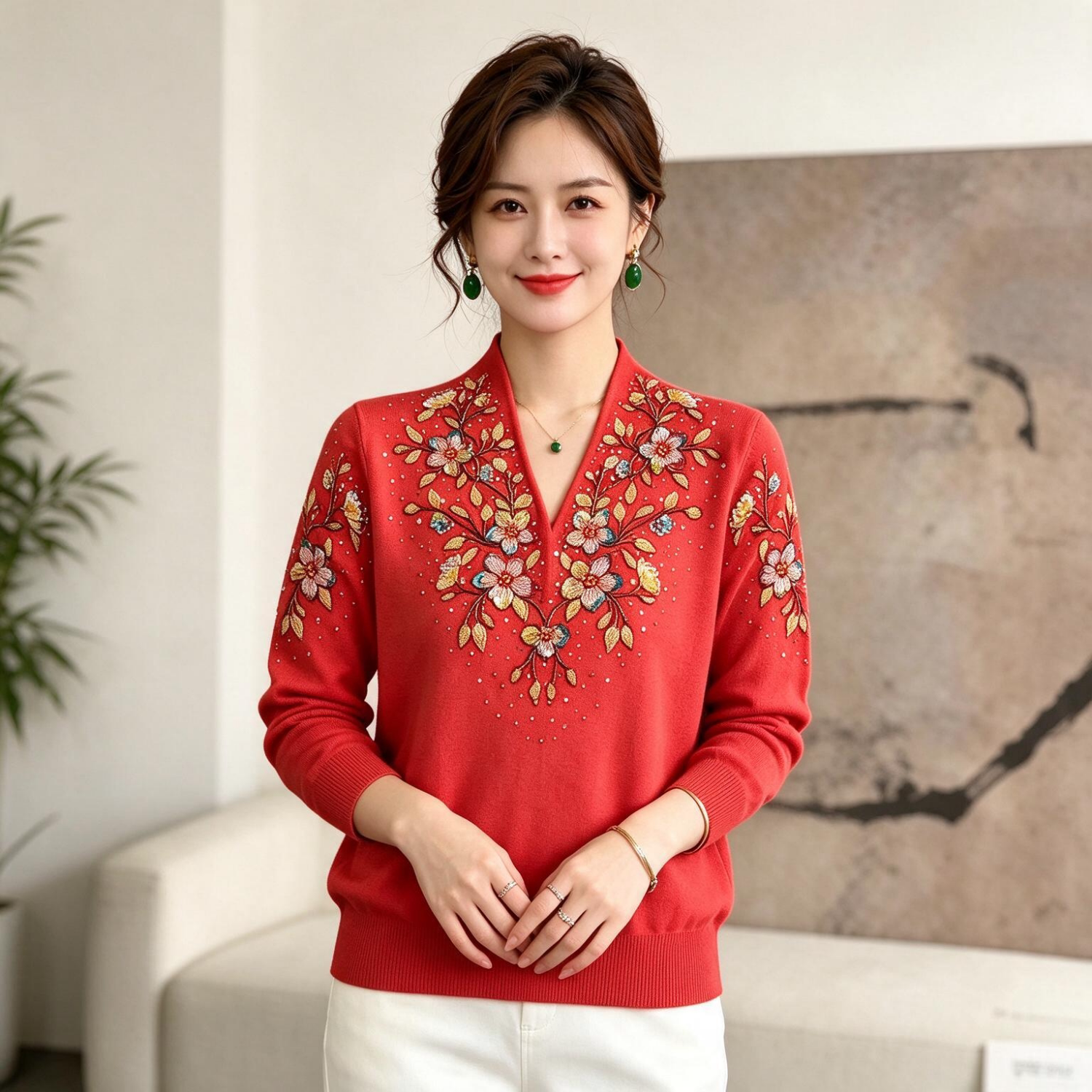 秋冬年轻妈妈装小V领重工烫钻绣花针织衫长袖弹力打底衫百搭毛衣