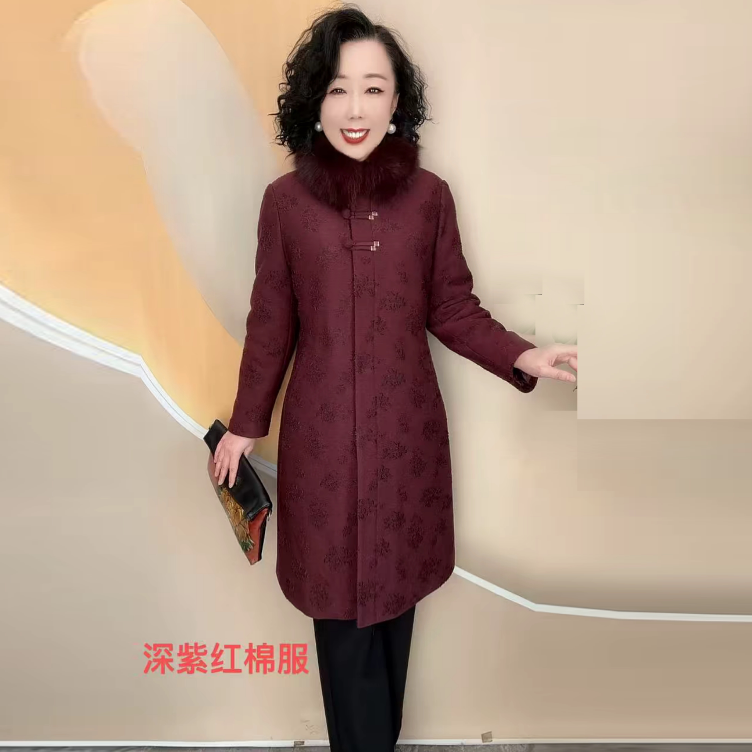 真狐狸毛领时尚女装冬季中长款提花棉衣中老年妈妈装国风保暖棉服