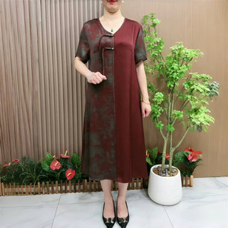 新中式国风时尚中老年妈妈丝缎撞色连衣裙夏季短袖遮肚子旗袍长裙