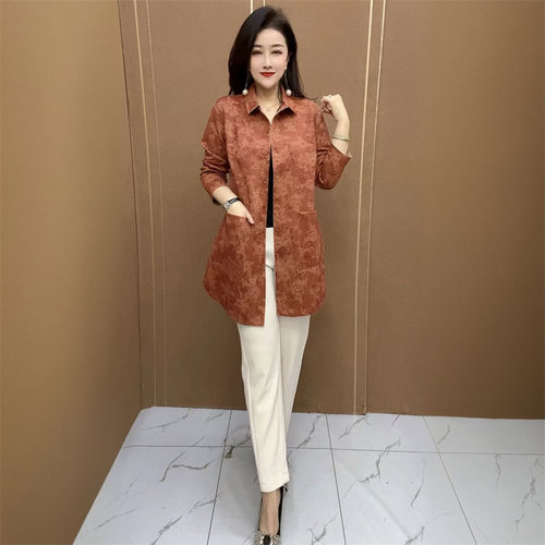 高端春秋新款宽松休闲空气棉妈妈时尚中长款弹力衬衣大码风衣外套