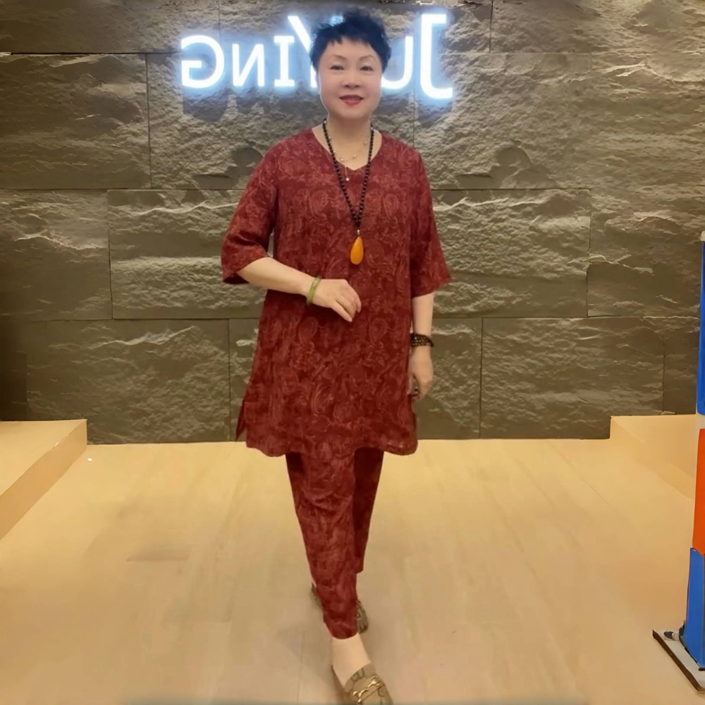 高端夏季短袖时尚妈妈宽松休闲中长款提花大版衬衫阔腿裤两件套装