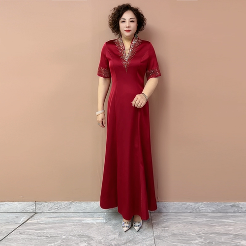 年轻喜婆婆婚宴装旗袍夏季短袖新款醋酸婚礼长款鱼尾晚礼服连衣裙