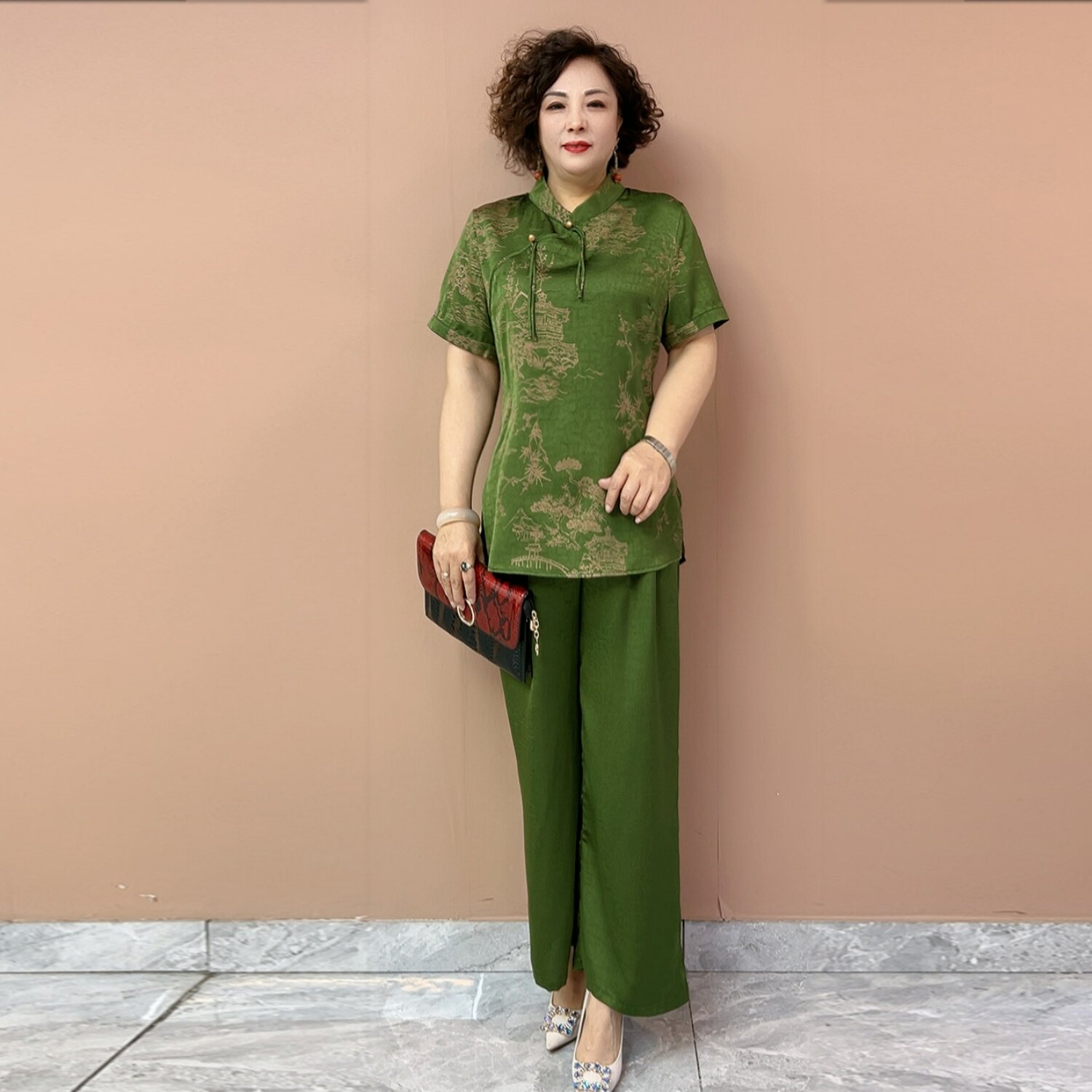 洋气中老年妈妈醋酸提花两件套夏季国风衫旗袍上衣阔腿裤大码套装