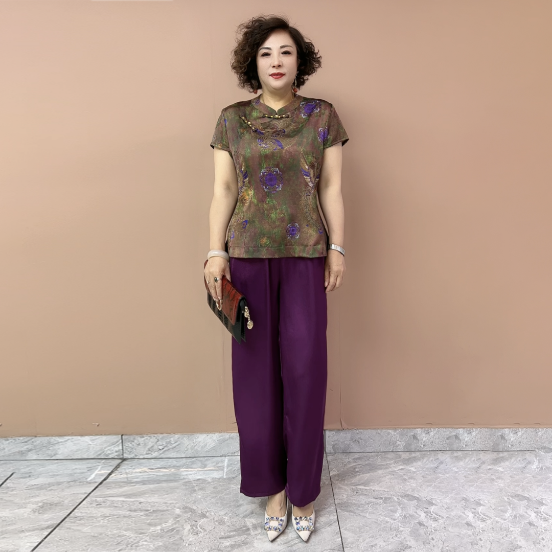 夏季新款短袖洋气旗袍衫上衣复古中年妈妈小衫阔腿裤百搭两件套装