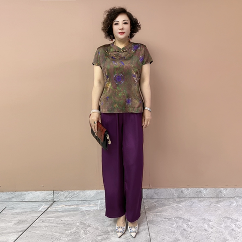 夏季新款短袖洋气旗袍衫上衣复古中年妈妈小衫阔腿裤百搭两件套装